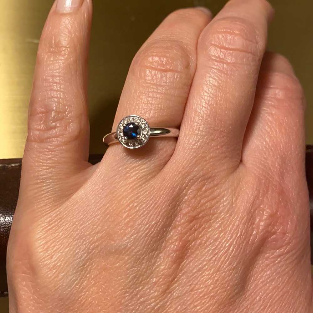 14k white gold ring with blue stone